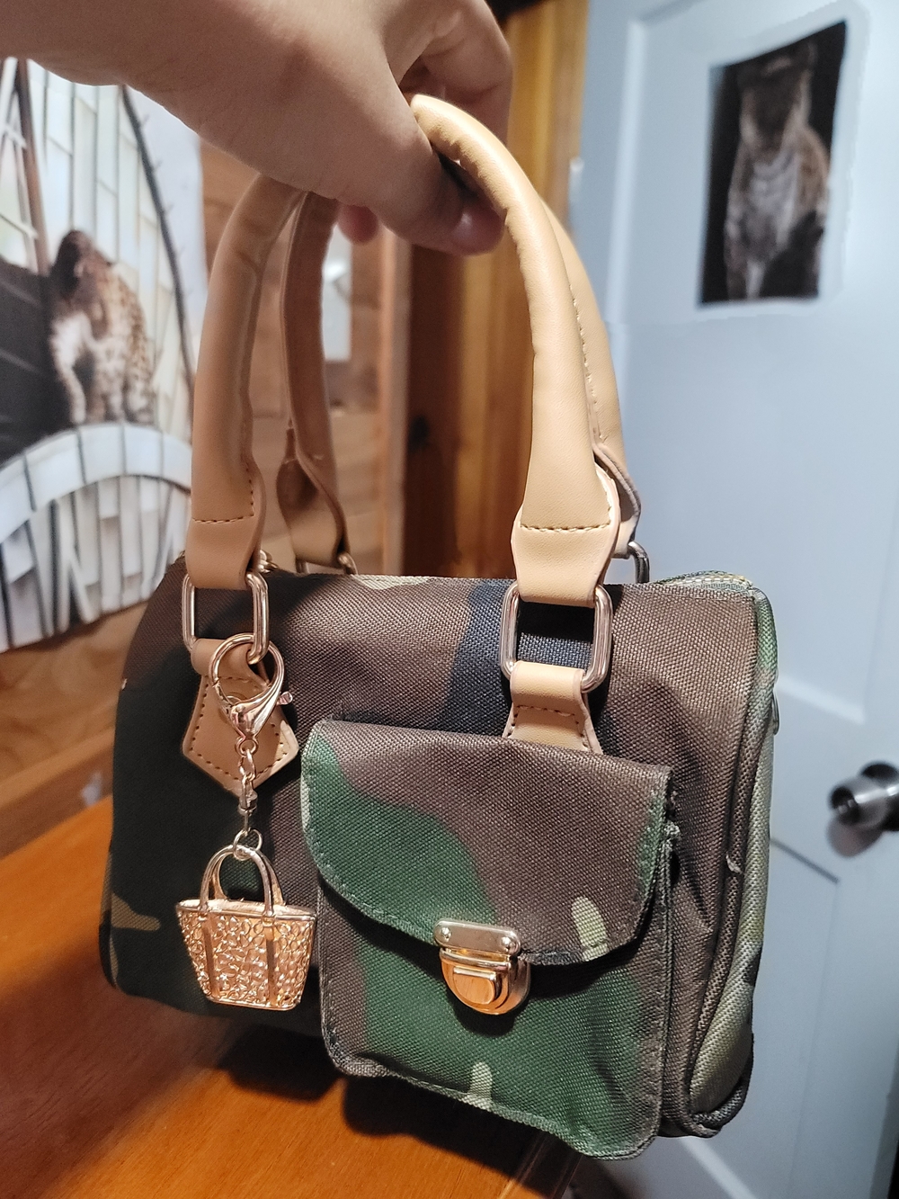 Glam Girl Fashion Green Camouflage Mini Satchel with Tan Handles